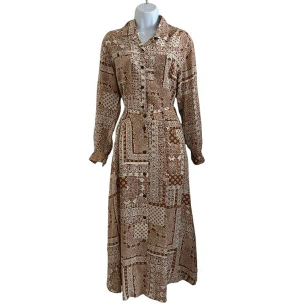 august silk Long Sleeve Patchwork Print Maxi Dress in Beige and Brown